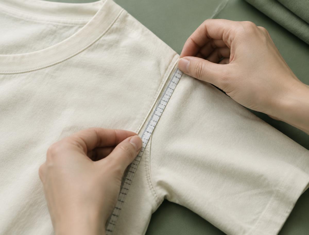 Measuring a garment seam during inspection (illustrative image)